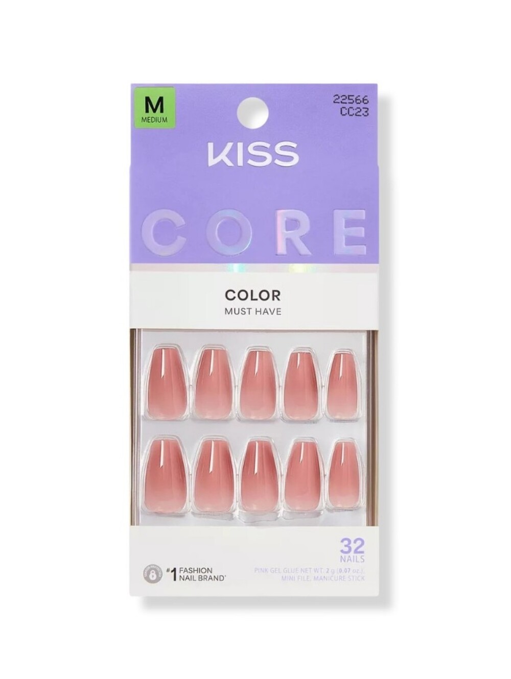 KISS CORE COLOR SOFT PINK MEDIUM COFFIN PRESS-ON NAILS, JUBILATION.
